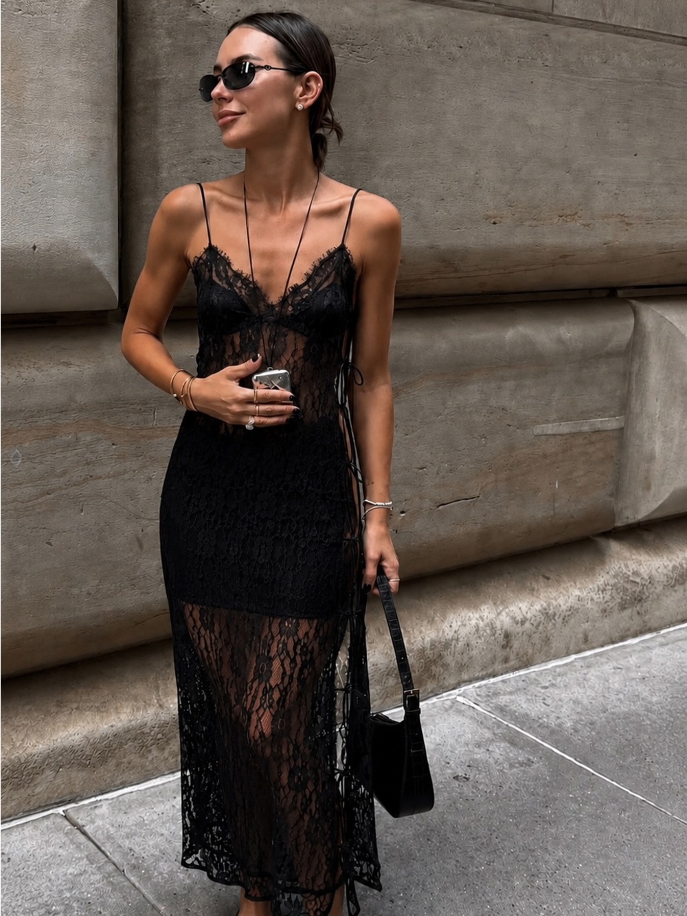 Sheer Black Lace Side-Tie Midi Cover-Up Dress | Adjustable Fit | Festival/ Layer